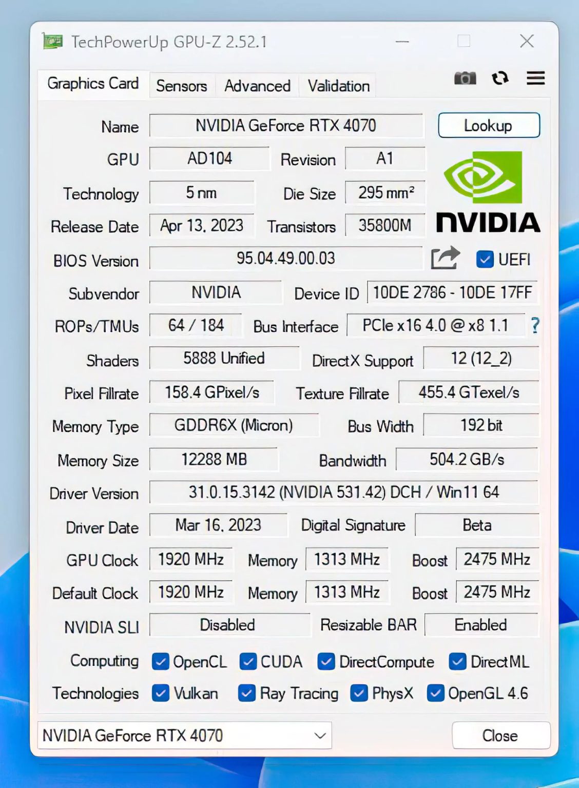 NVIDIA GeForce RTX 4070 características filtradas