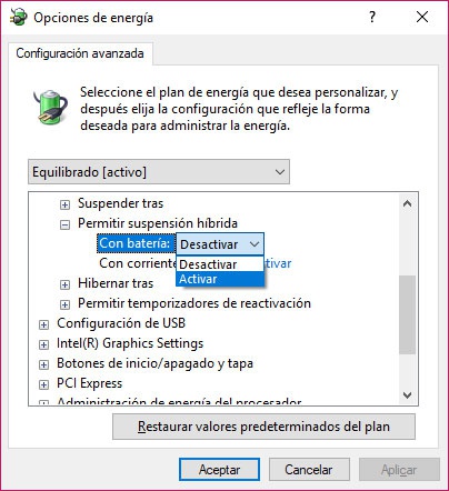 Opciones energía Windows 10 - Activando la suspensión híbrida