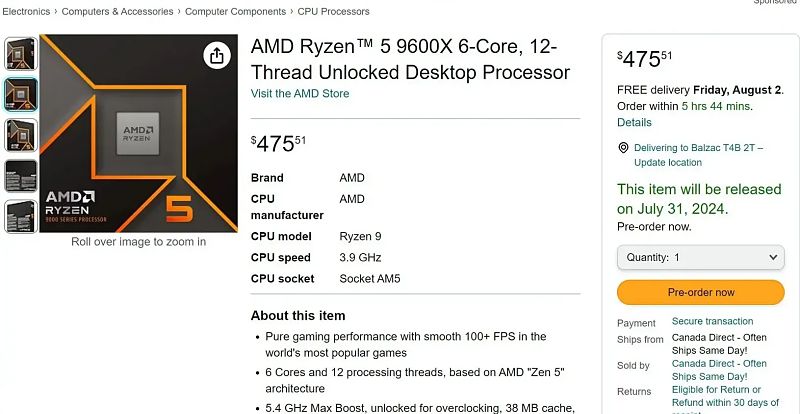 AMD Ryzen 5 9600X es listado por un minorista canadiense por 318 euros
