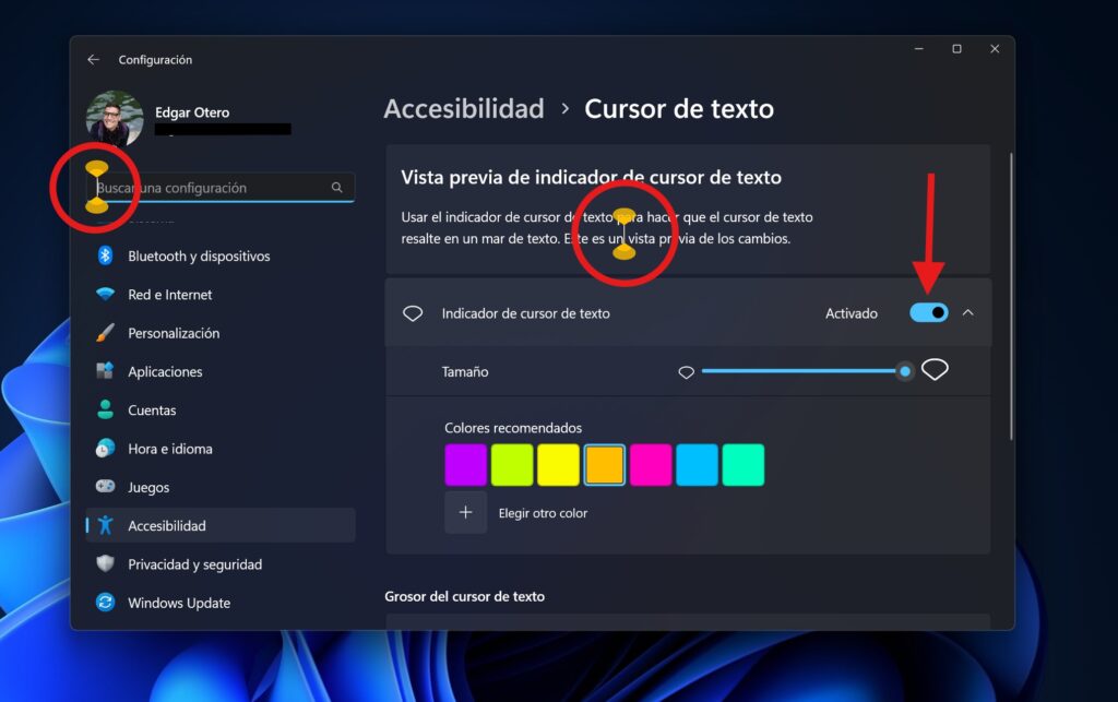 Cómo personalizar el cursor de texto en Windows 11