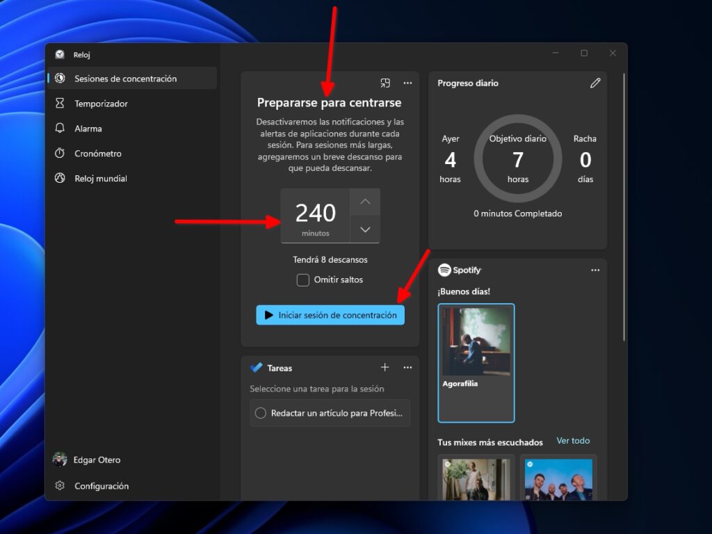 Sesiones de concentración de Windows 11