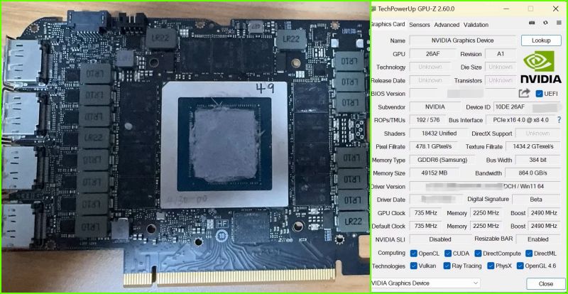 Detectan una RTX Titan Ada con una capacidad de memoria de 48 GDDR6